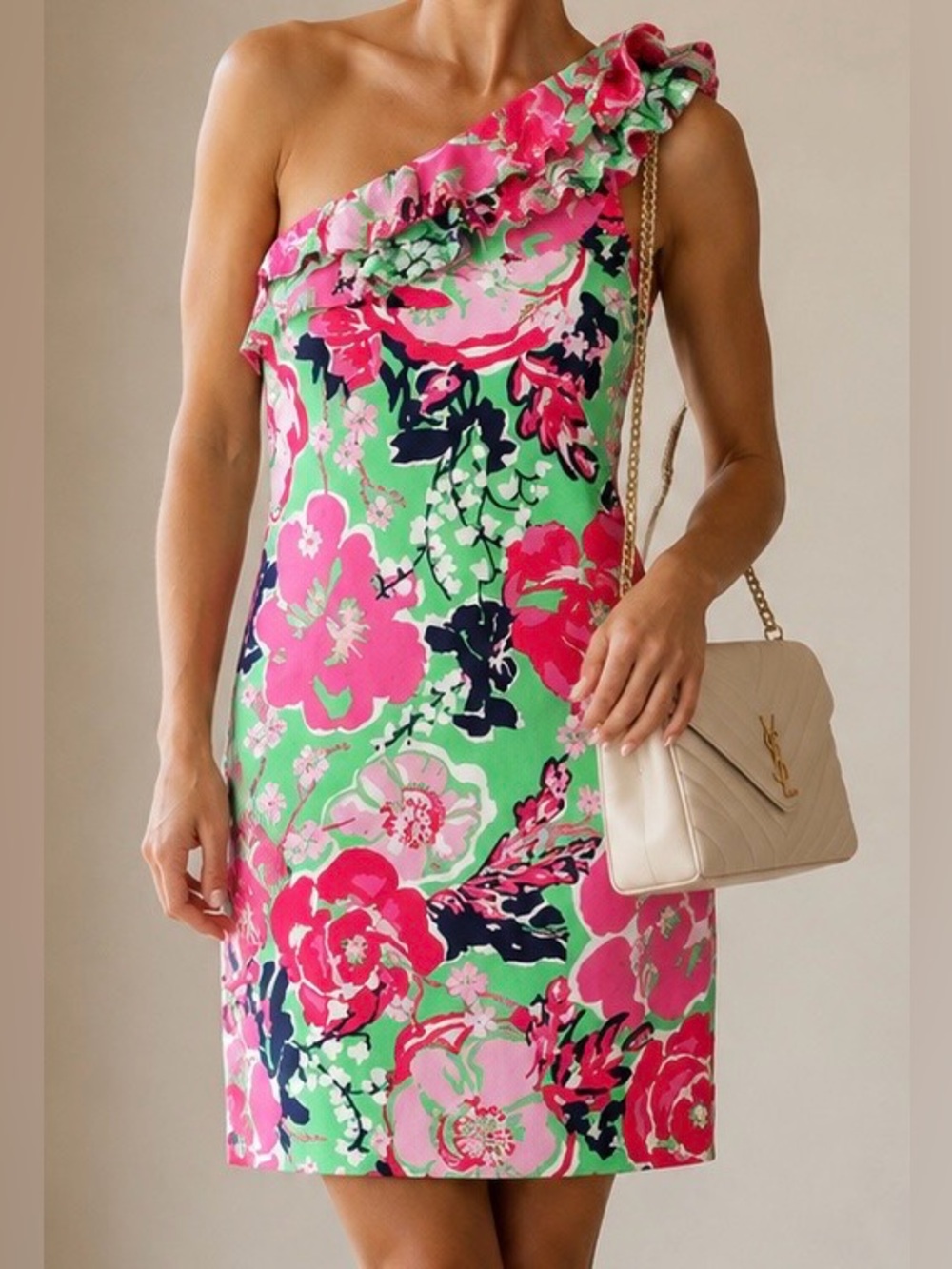 Lilly Pulitzer “Whinnie” One Shoulder Ruffle Floral Shift Dress Pink Green Silk